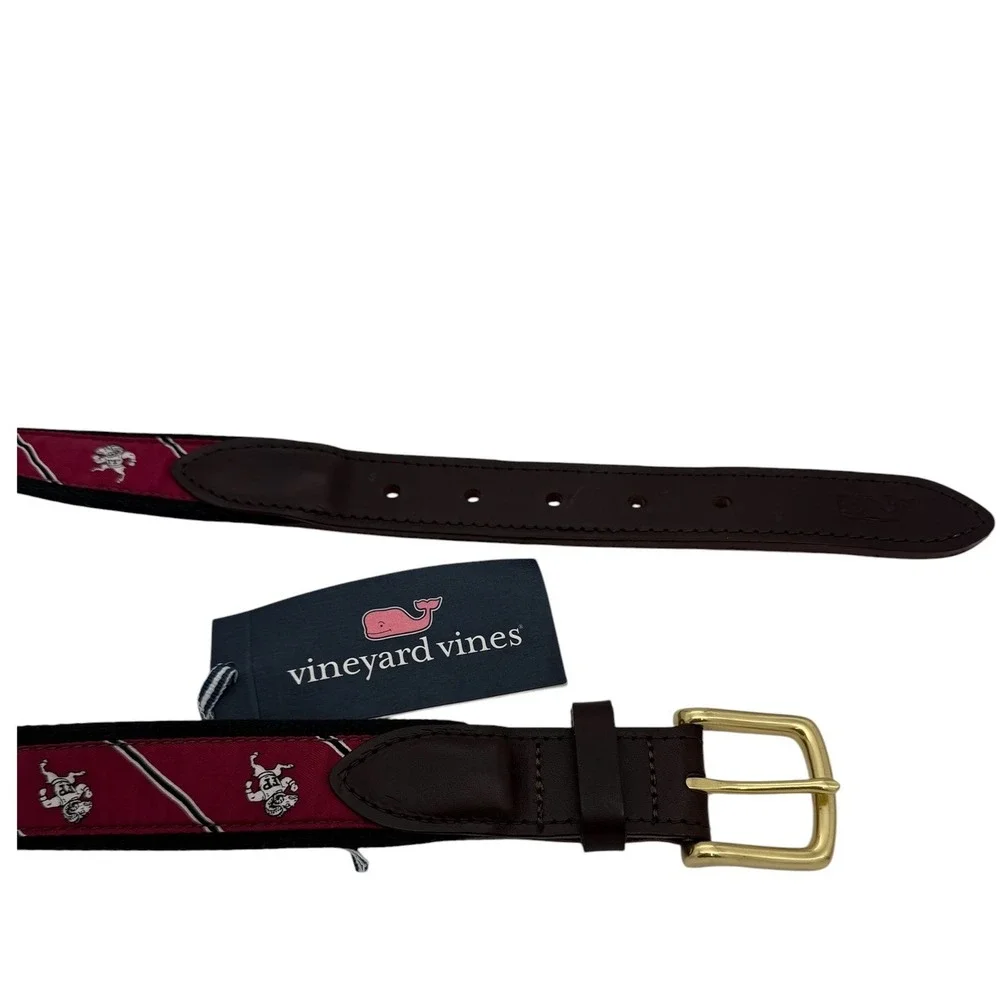 Vineyard Vines Mens Size 30 Bulldog Mascot Canvas Club Belt Maroon Leather New